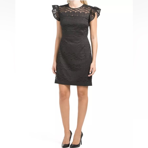 Trina Trina Turk Mai Tai Flutter Sleeve Lace Mini Little Black Dress Size 12 NWT - Picture 2 of 11